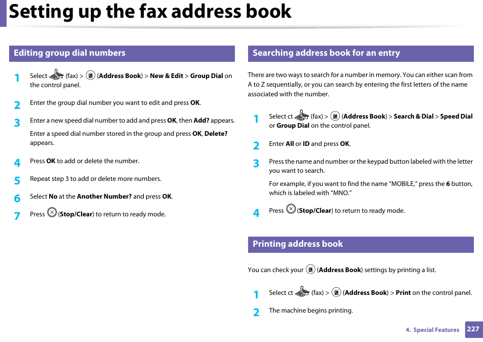 Setting up the fax address book | Samsung SL-M2875FD-XAA User Manual | Page 227 / 324