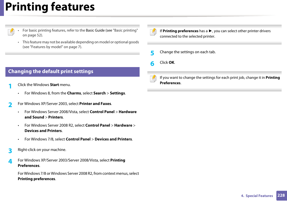 Printing features, Changing the default print settings | Samsung SL-M2875FD-XAA User Manual | Page 228 / 324