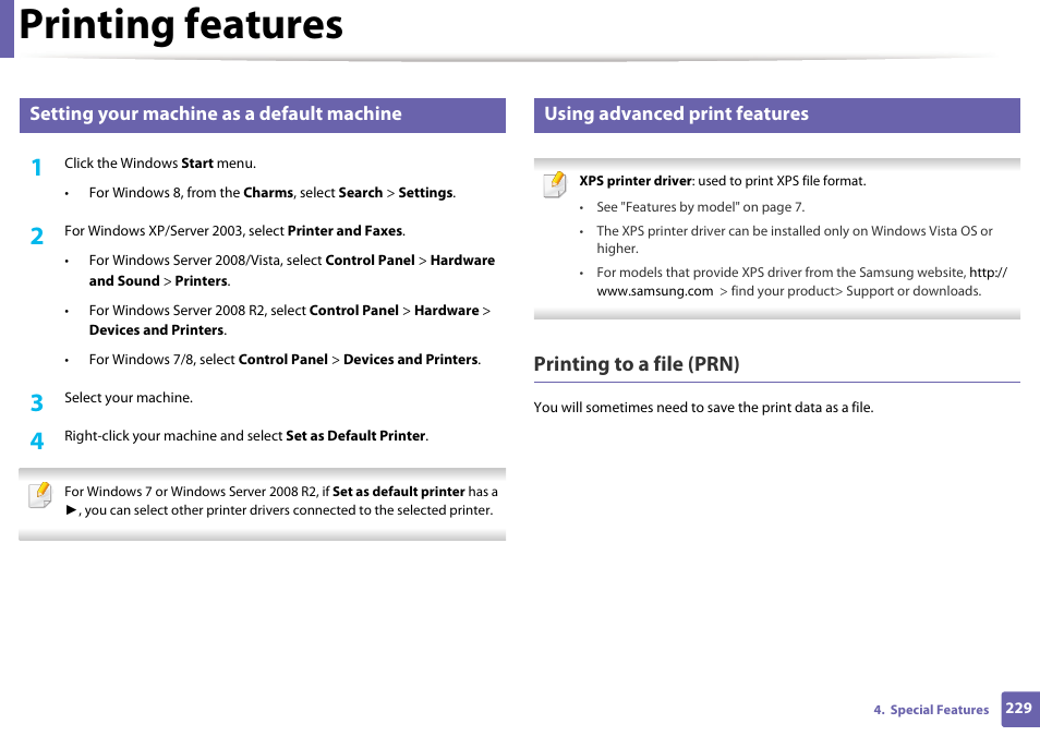 Printing features, Printing to a file (prn), Setting your machine as a default machine | Using advanced print features | Samsung SL-M2875FD-XAA User Manual | Page 229 / 324