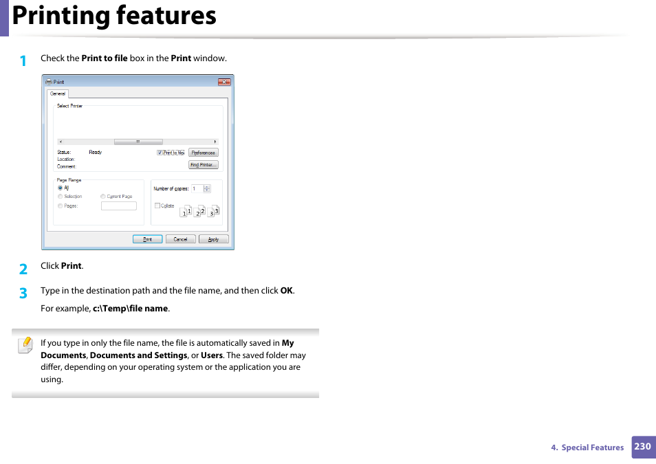 Printing features | Samsung SL-M2875FD-XAA User Manual | Page 230 / 324