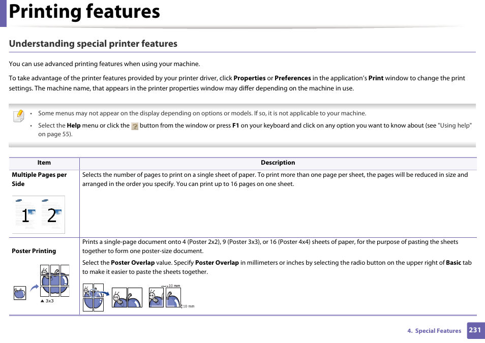 Printing features, Understanding special printer features | Samsung SL-M2875FD-XAA User Manual | Page 231 / 324