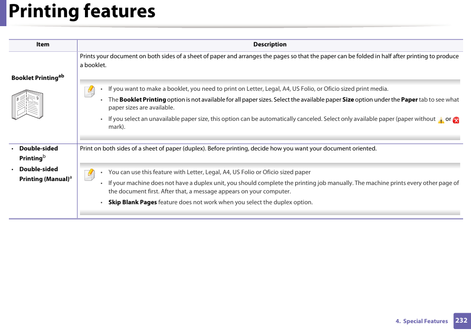 Printing features | Samsung SL-M2875FD-XAA User Manual | Page 232 / 324