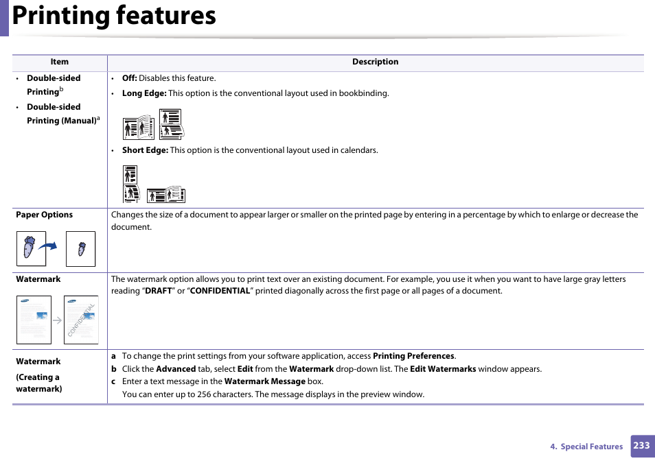 Printing features | Samsung SL-M2875FD-XAA User Manual | Page 233 / 324