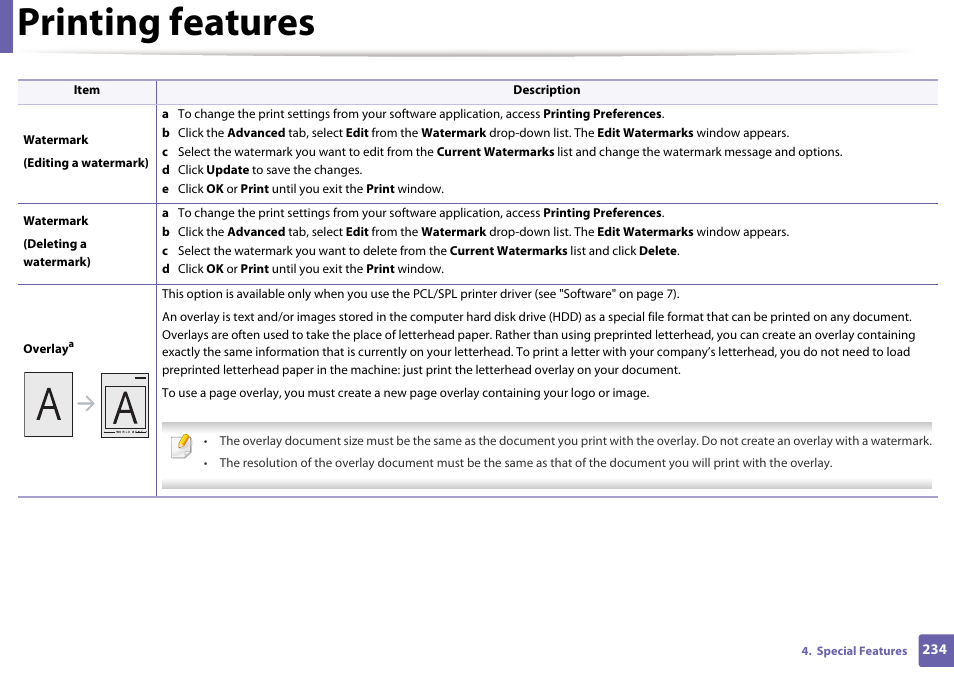 Printing features | Samsung SL-M2875FD-XAA User Manual | Page 234 / 324