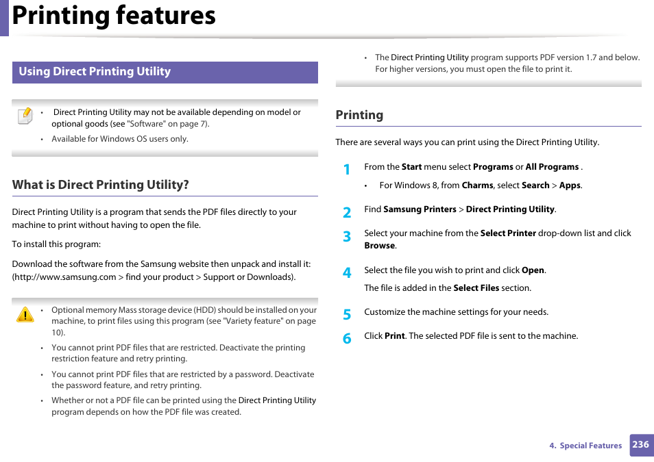 Printing features, What is direct printing utility, Printing | Using direct printing utility | Samsung SL-M2875FD-XAA User Manual | Page 236 / 324