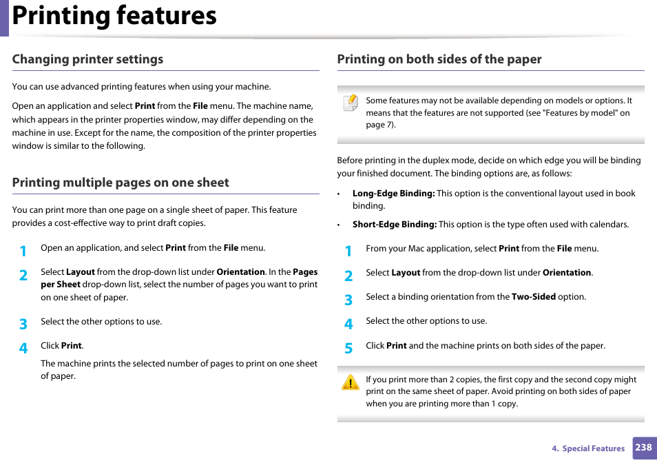 Printing features, Changing printer settings, Printing multiple pages on one sheet | Printing on both sides of the paper | Samsung SL-M2875FD-XAA User Manual | Page 238 / 324