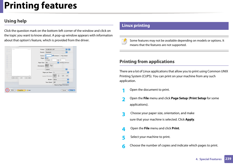 Printing features, Using help, Printing from applications | Samsung SL-M2875FD-XAA User Manual | Page 239 / 324