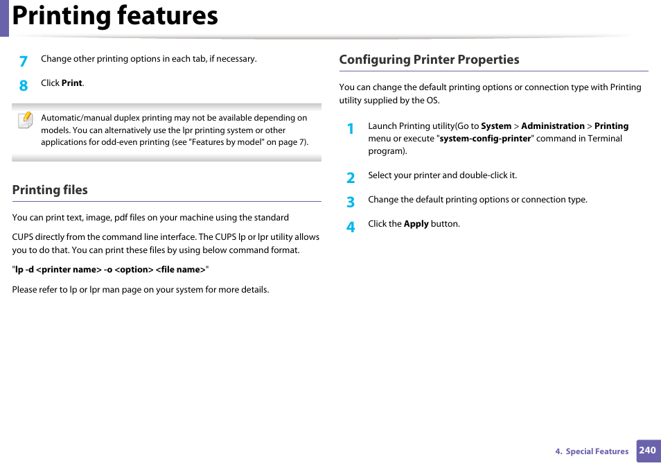 Printing features | Samsung SL-M2875FD-XAA User Manual | Page 240 / 324