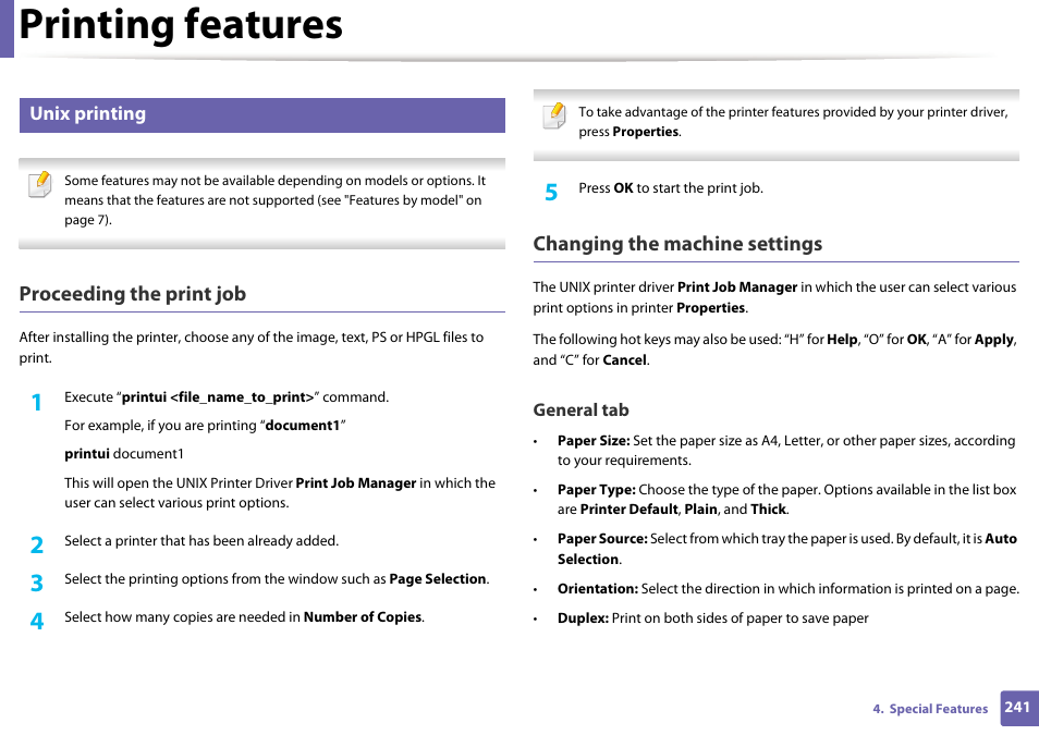 Printing features, Proceeding the print job, Changing the machine settings | Unix printing | Samsung SL-M2875FD-XAA User Manual | Page 241 / 324