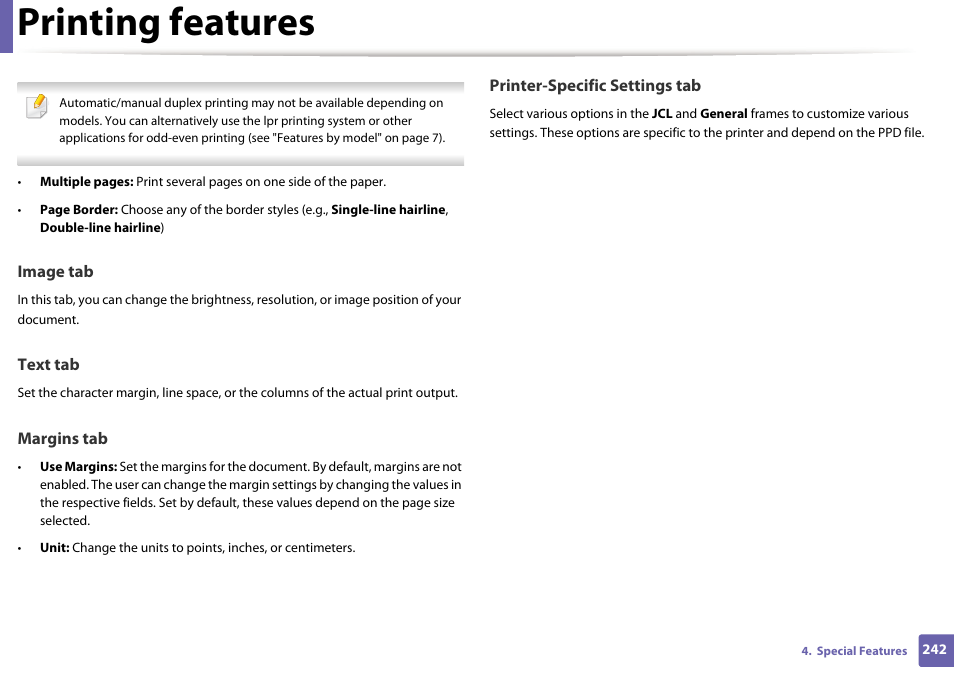 Printing features | Samsung SL-M2875FD-XAA User Manual | Page 242 / 324