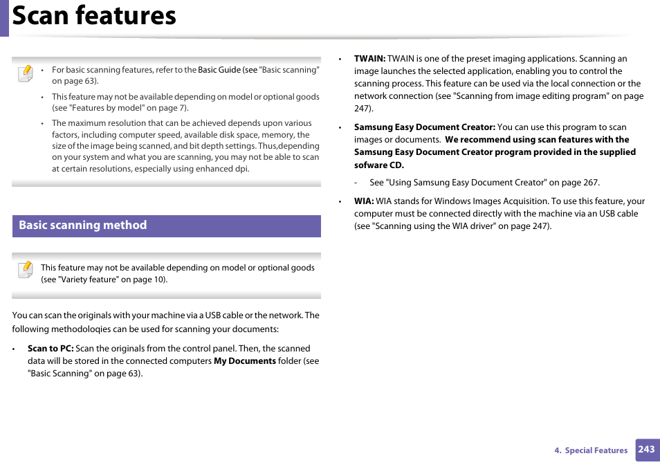 Scan features, Basic scanning method | Samsung SL-M2875FD-XAA User Manual | Page 243 / 324