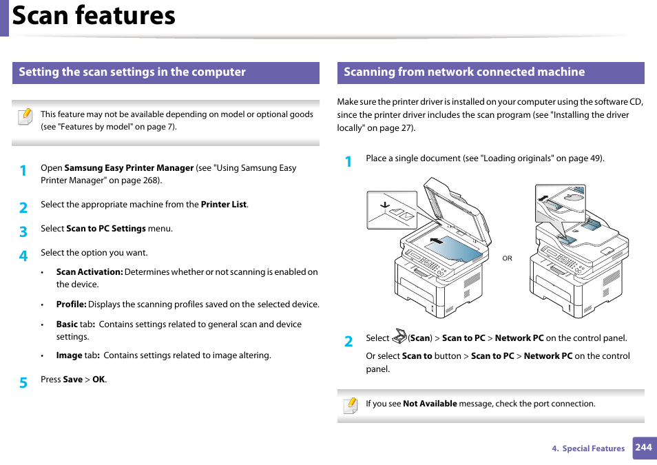 Scan features, Setting the scan settings in the computer, Scanning from network connected machine | Samsung SL-M2875FD-XAA User Manual | Page 244 / 324