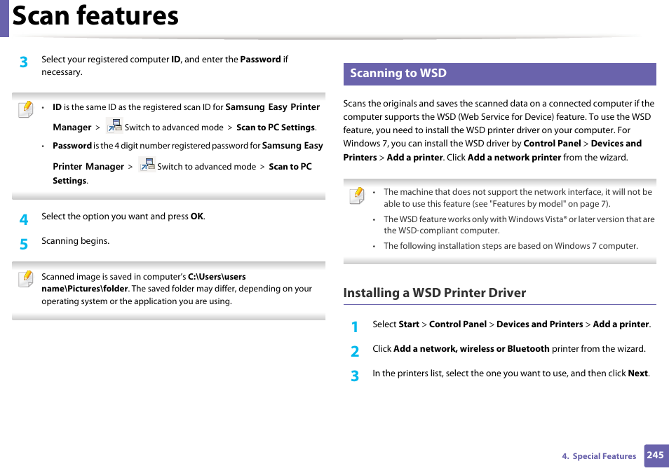 Scan features, Installing a wsd printer driver, Scanning to wsd | Samsung SL-M2875FD-XAA User Manual | Page 245 / 324