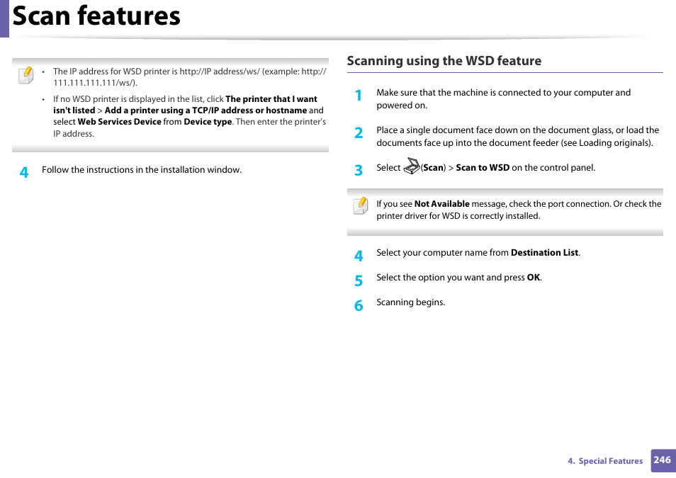 Scan features, Scanning using the wsd feature | Samsung SL-M2875FD-XAA User Manual | Page 246 / 324