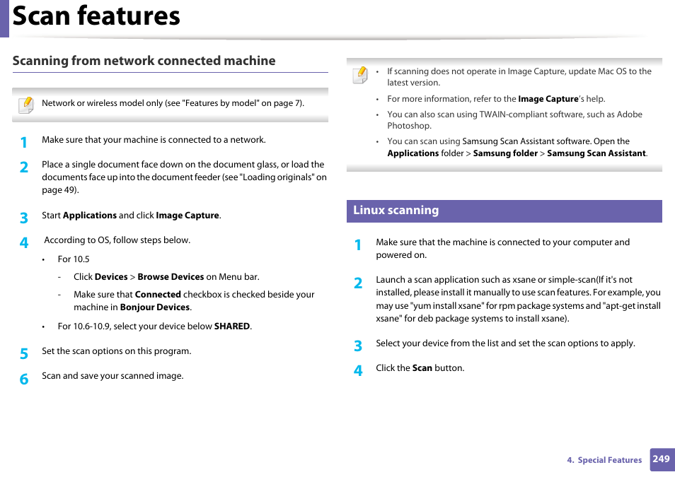 Scan features, Scanning from network connected machine, Linux scanning | Samsung SL-M2875FD-XAA User Manual | Page 249 / 324