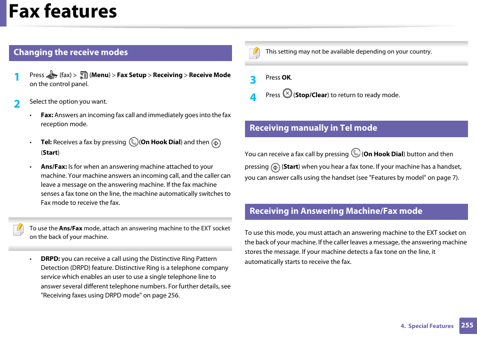 Fax features, Changing the receive modes, Receiving manually in tel mode | Receiving in answering machine/fax mode | Samsung SL-M2875FD-XAA User Manual | Page 255 / 324
