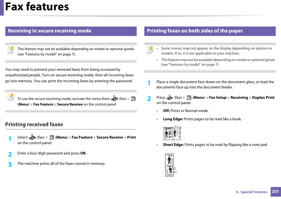 Fax features, Printing received faxes, Receiving in secure receiving mode | Printing faxes on both sides of the paper | Samsung SL-M2875FD-XAA User Manual | Page 257 / 324