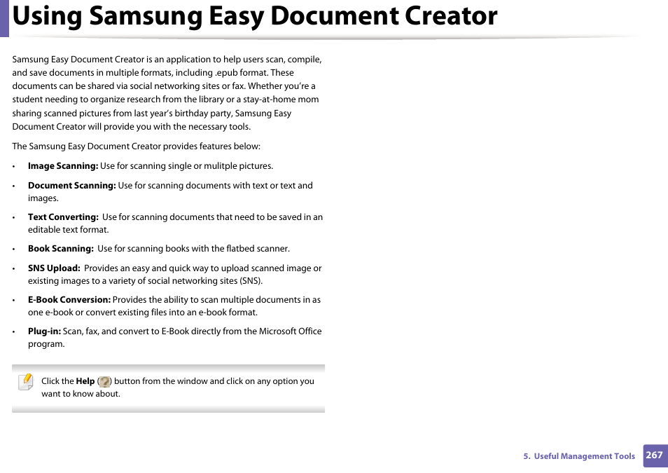 Using samsung easy document creator | Samsung SL-M2875FD-XAA User Manual | Page 267 / 324