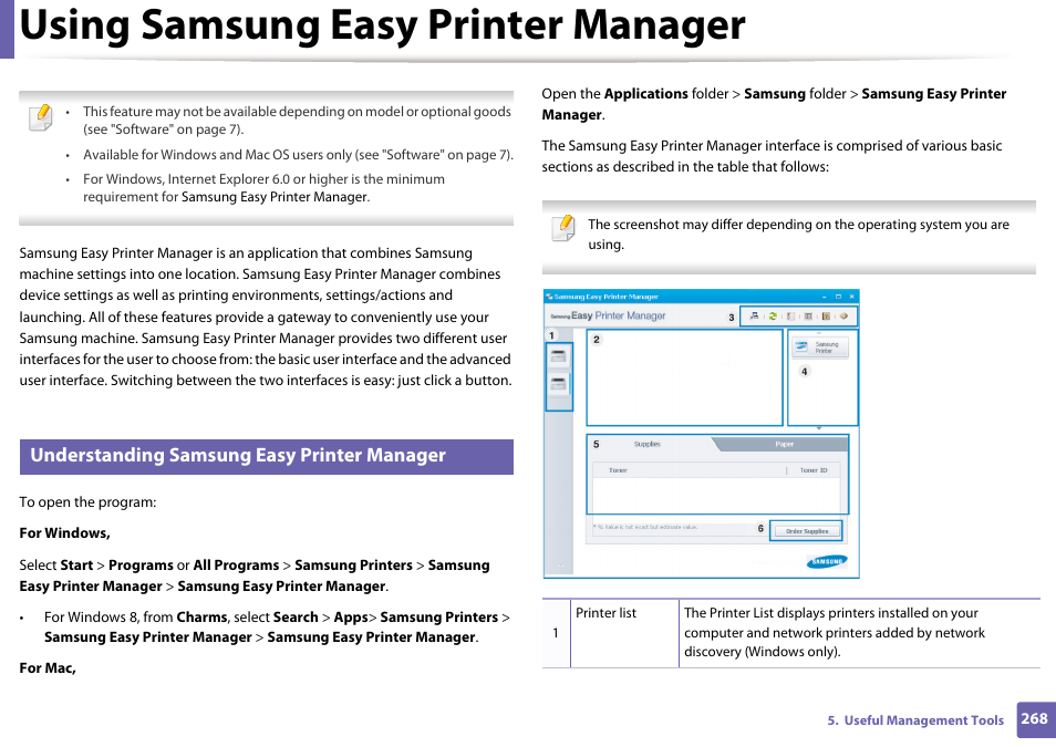 Using samsung easy printer manager, Understanding samsung easy printer manager | Samsung SL-M2875FD-XAA User Manual | Page 268 / 324