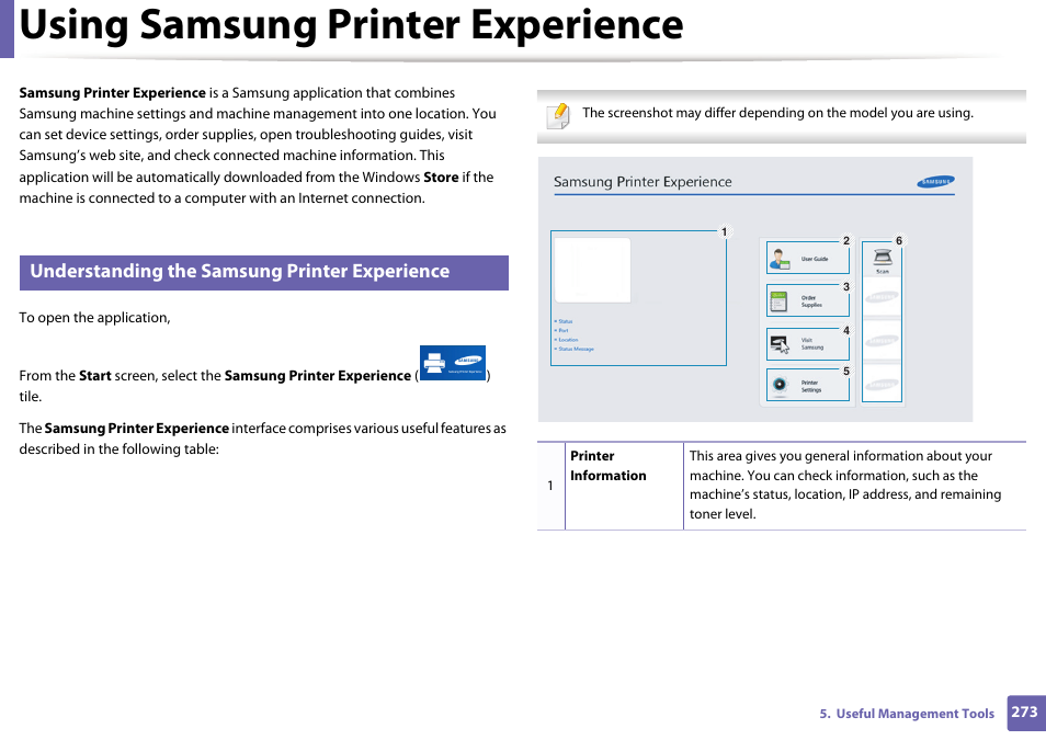 Using samsung printer experience, Understanding the samsung printer experience | Samsung SL-M2875FD-XAA User Manual | Page 273 / 324