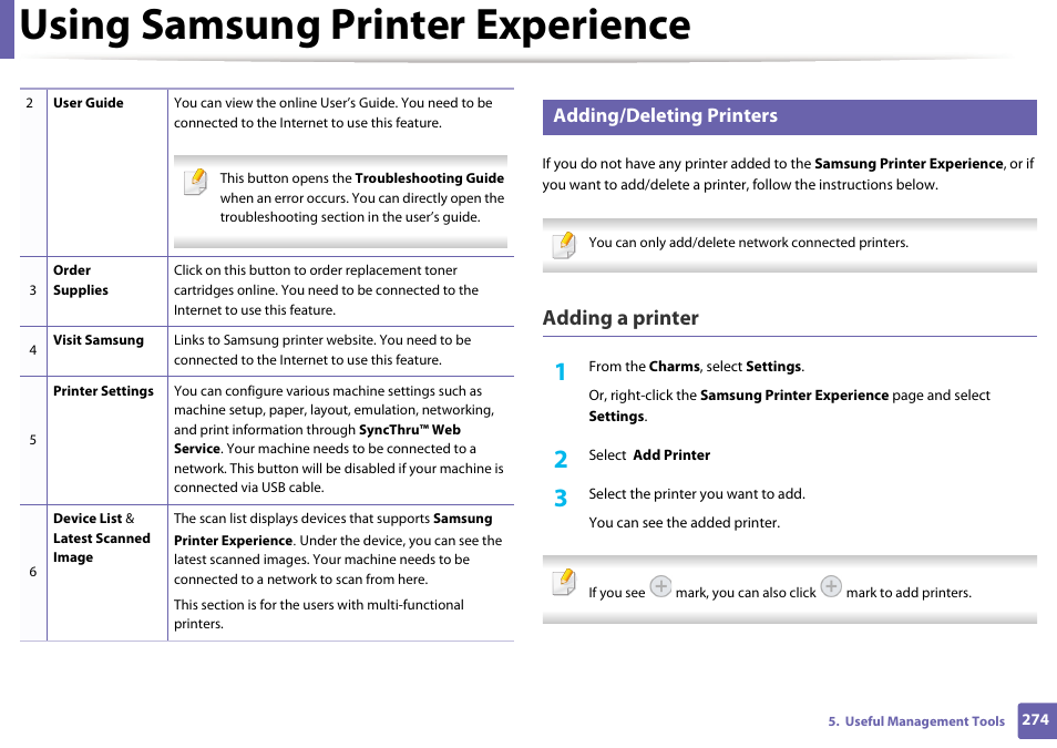 Using samsung printer experience, Adding a printer, Adding/deleting printers | Samsung SL-M2875FD-XAA User Manual | Page 274 / 324