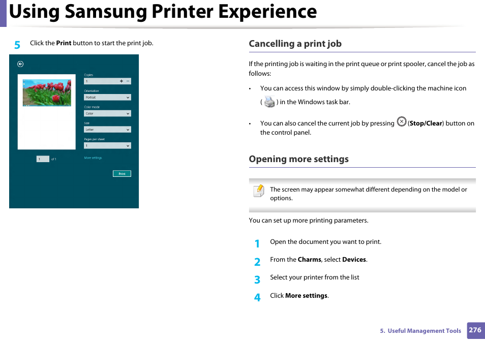 Using samsung printer experience, Cancelling a print job, Opening more settings | Samsung SL-M2875FD-XAA User Manual | Page 276 / 324