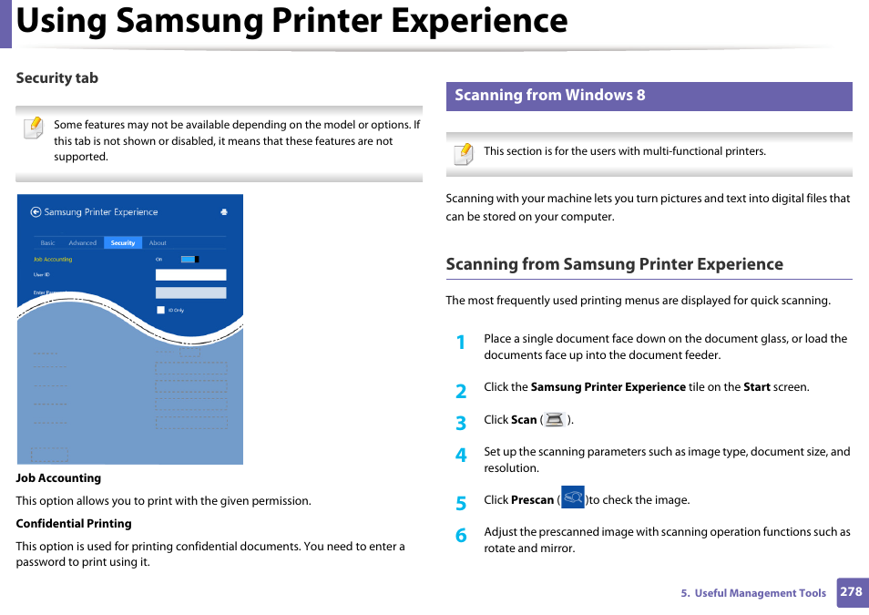 Using samsung printer experience, Scanning from samsung printer experience, Scanning from windows 8 | Samsung SL-M2875FD-XAA User Manual | Page 278 / 324