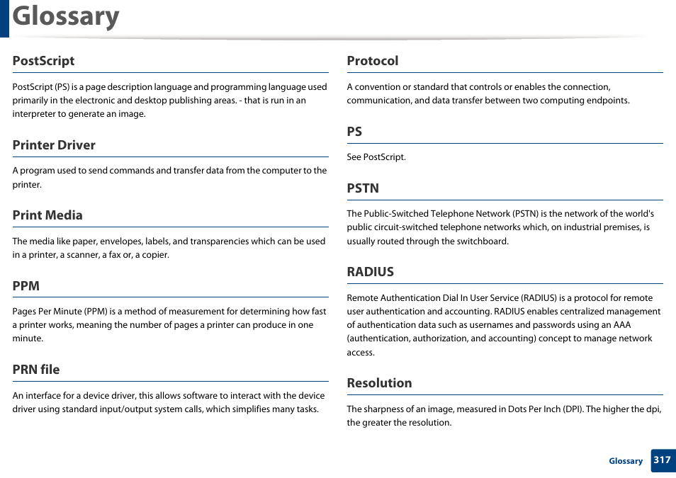 Glossary, Postscript, Printer driver | Print media, Prn file, Protocol, Pstn, Radius, Resolution | Samsung SL-M2875FD-XAA User Manual | Page 317 / 324