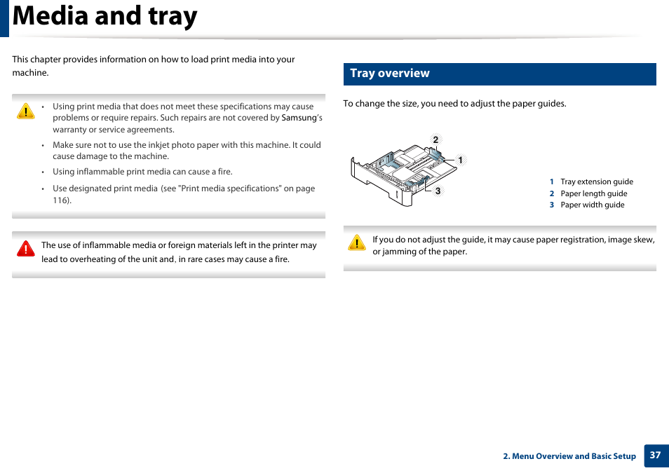 Media and tray, Tray overview | Samsung SL-M2875FD-XAA User Manual | Page 37 / 324