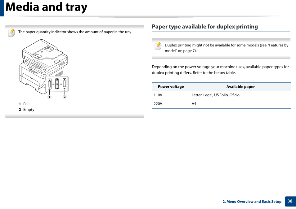 Media and tray, Paper type available for duplex printing | Samsung SL-M2875FD-XAA User Manual | Page 38 / 324