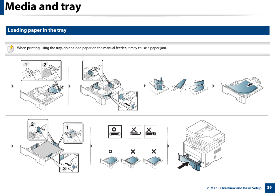 Media and tray, Loading paper in the tray | Samsung SL-M2875FD-XAA User Manual | Page 39 / 324