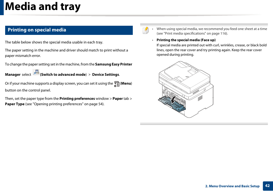 Media and tray, Printing on special media | Samsung SL-M2875FD-XAA User Manual | Page 42 / 324