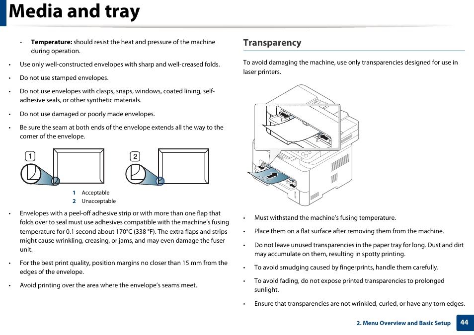 Media and tray, Transparency | Samsung SL-M2875FD-XAA User Manual | Page 44 / 324