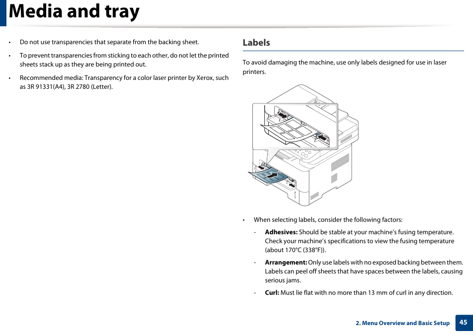 Media and tray, Labels | Samsung SL-M2875FD-XAA User Manual | Page 45 / 324