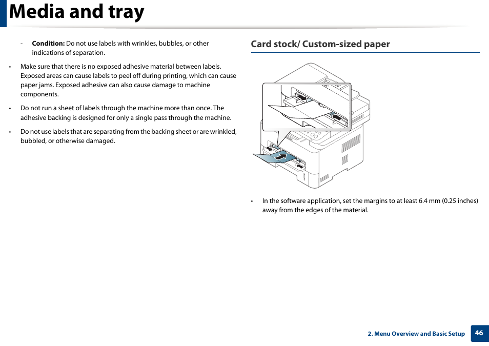 Media and tray, Card stock/ custom-sized paper | Samsung SL-M2875FD-XAA User Manual | Page 46 / 324