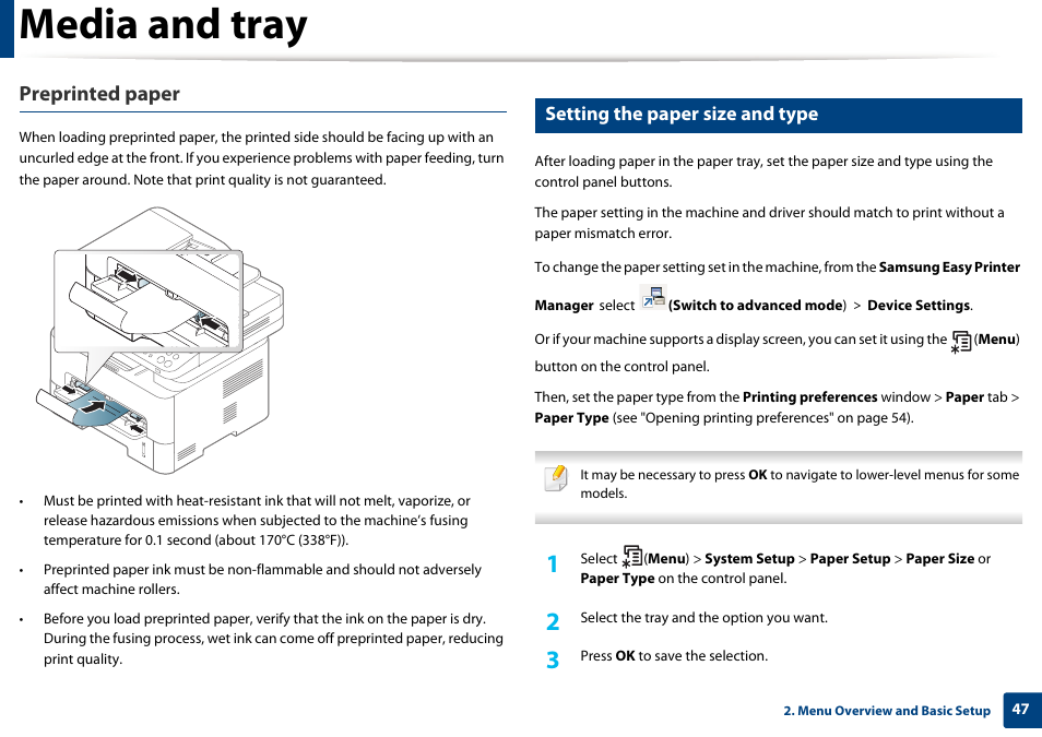 Media and tray, Preprinted paper, Setting the paper size and type | Samsung SL-M2875FD-XAA User Manual | Page 47 / 324