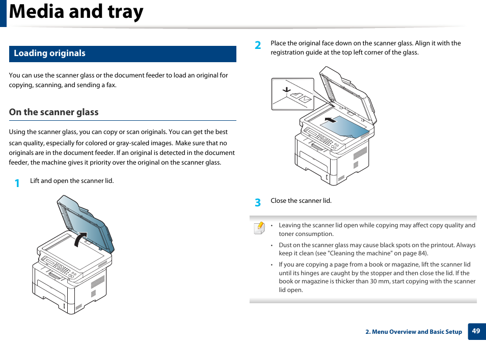 Media and tray, On the scanner glass, Loading originals | Samsung SL-M2875FD-XAA User Manual | Page 49 / 324