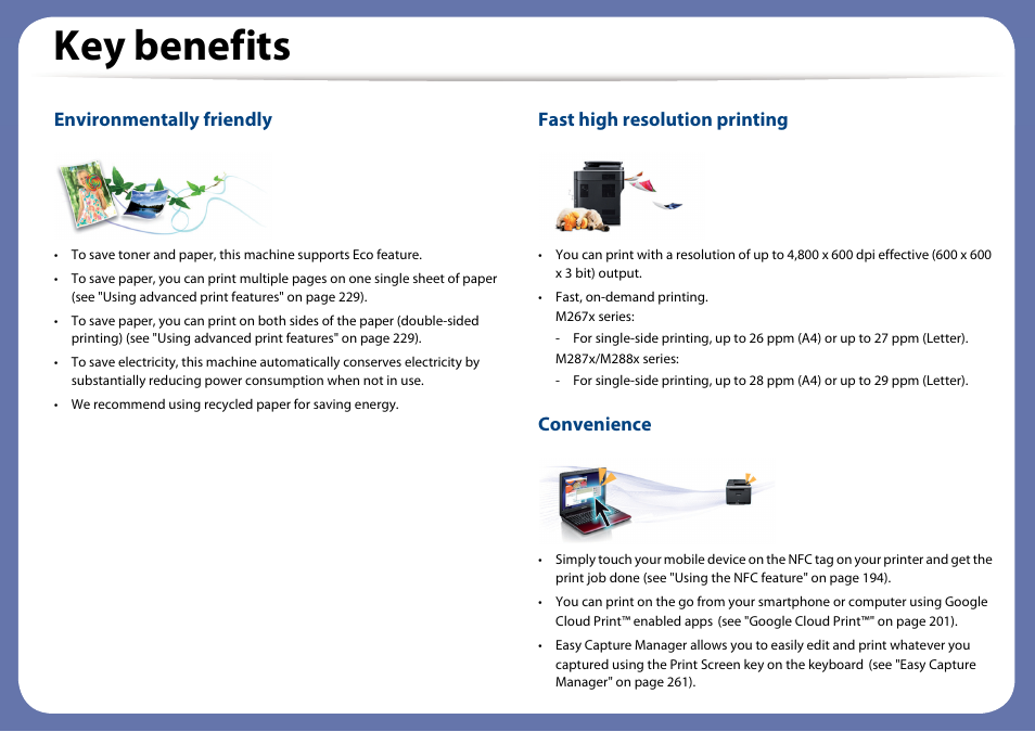 Key benefits, Environmentally friendly, Fast high resolution printing | Convenience | Samsung SL-M2875FD-XAA User Manual | Page 5 / 324
