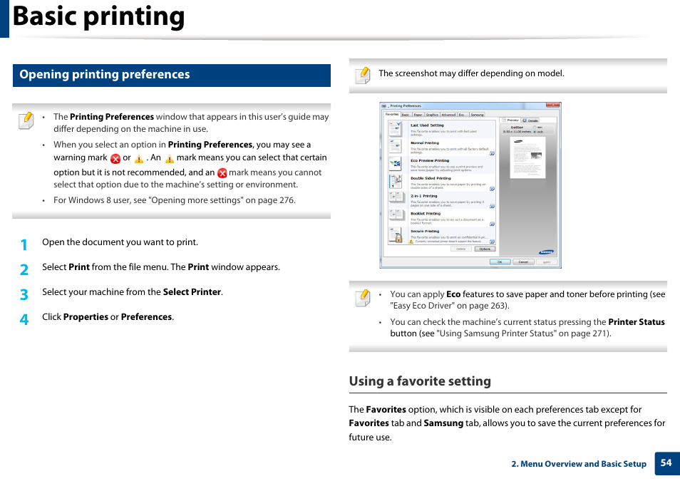 Basic printing, Using a favorite setting, Opening printing preferences | Samsung SL-M2875FD-XAA User Manual | Page 54 / 324