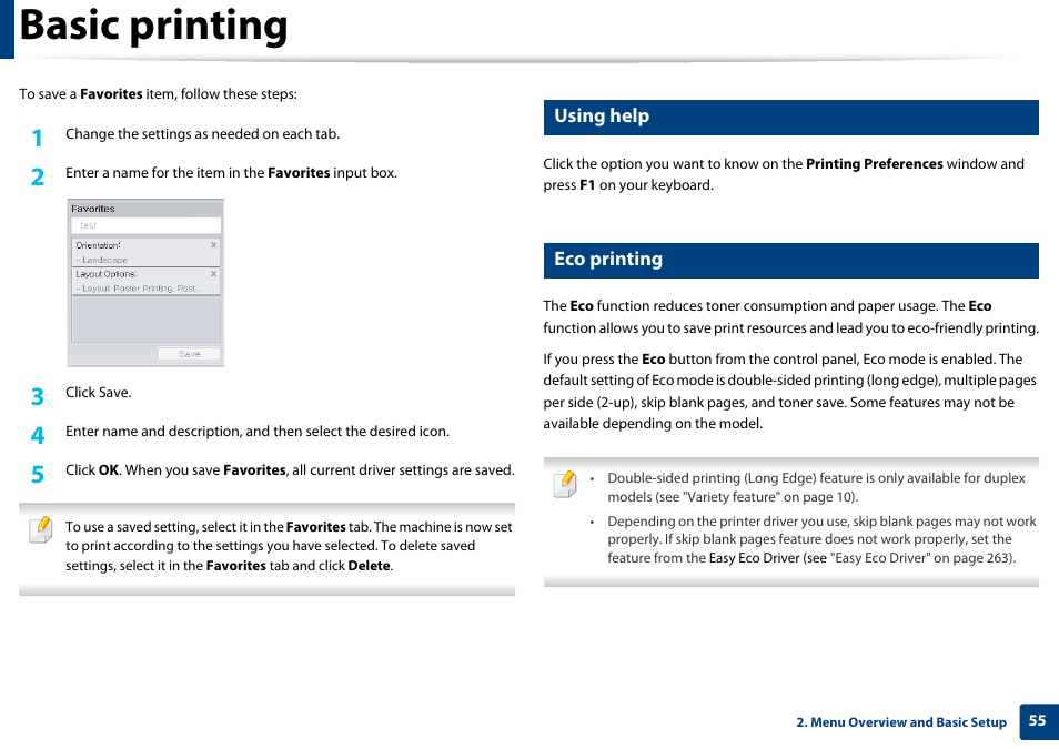 Basic printing, Using help, Eco printing | Samsung SL-M2875FD-XAA User Manual | Page 55 / 324