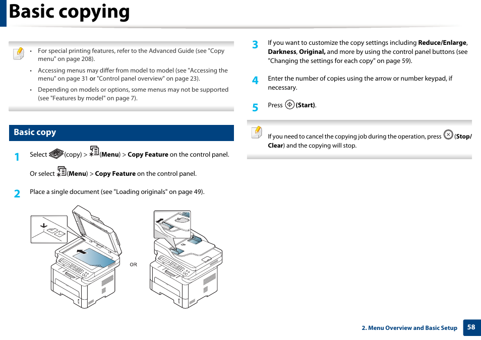 Basic copying, Basic copy | Samsung SL-M2875FD-XAA User Manual | Page 58 / 324