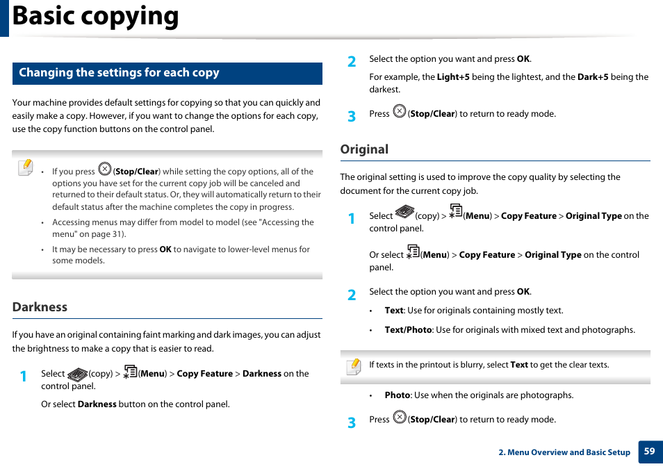 Basic copying, Darkness, Original | Changing the settings for each copy | Samsung SL-M2875FD-XAA User Manual | Page 59 / 324