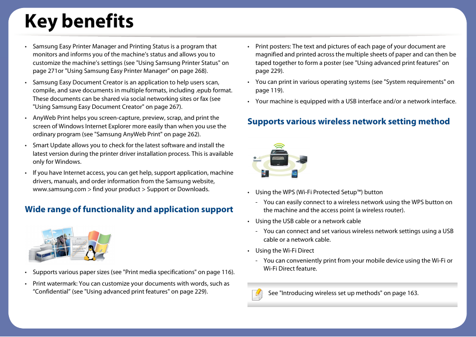 Key benefits, Supports various wireless network setting method | Samsung SL-M2875FD-XAA User Manual | Page 6 / 324