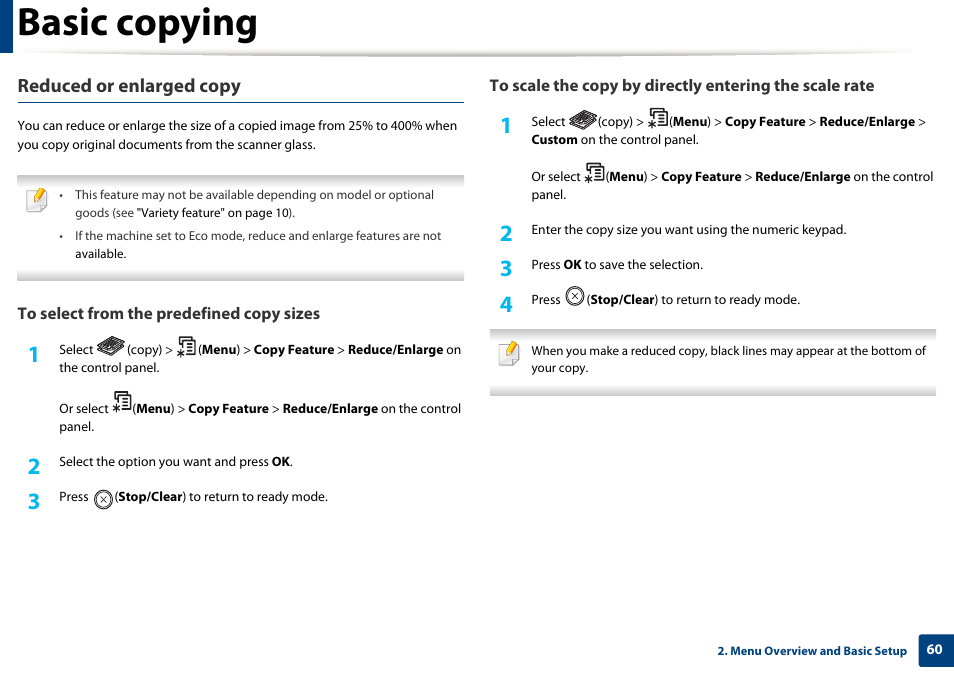 Basic copying, Reduced or enlarged copy | Samsung SL-M2875FD-XAA User Manual | Page 60 / 324