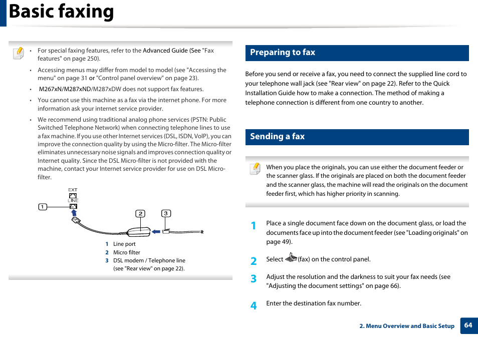 Basic faxing, Preparing to fax, Sending a fax | Samsung SL-M2875FD-XAA User Manual | Page 64 / 324