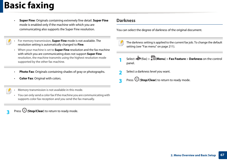 Basic faxing, Darkness | Samsung SL-M2875FD-XAA User Manual | Page 67 / 324