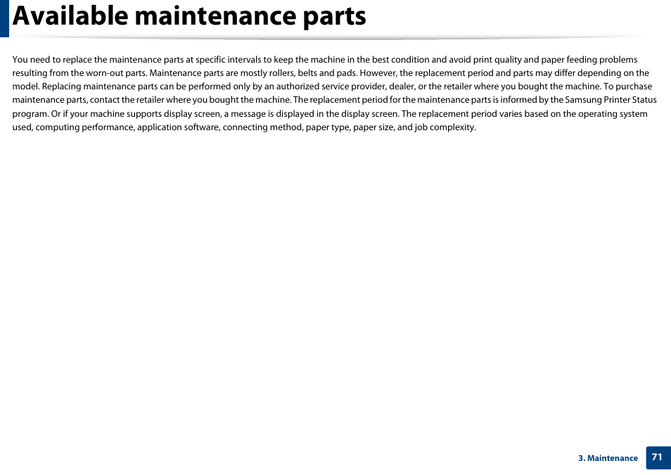Available maintenance parts | Samsung SL-M2875FD-XAA User Manual | Page 71 / 324
