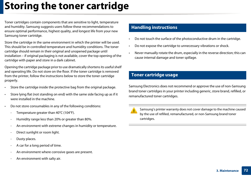Storing the toner cartridge, Handling instructions, Toner cartridge usage | Samsung SL-M2875FD-XAA User Manual | Page 72 / 324