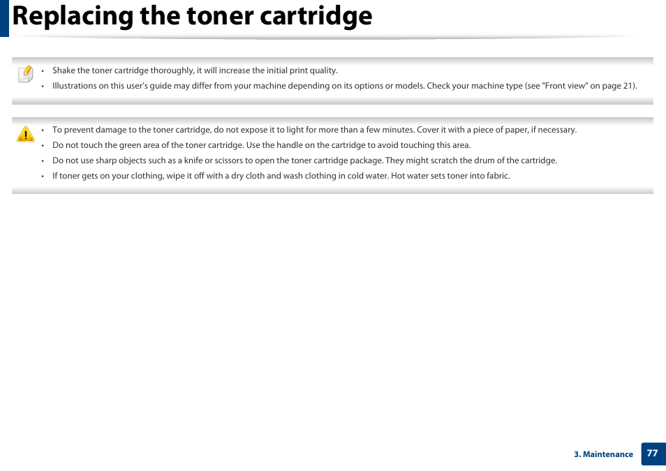 Replacing the toner cartridge | Samsung SL-M2875FD-XAA User Manual | Page 77 / 324