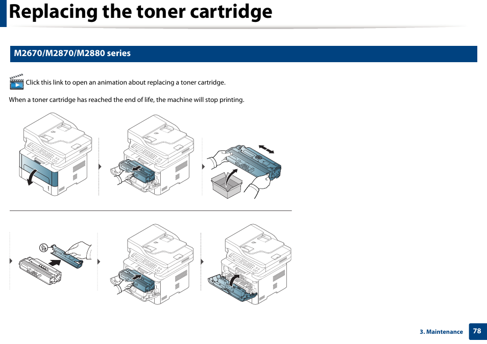Replacing the toner cartridge | Samsung SL-M2875FD-XAA User Manual | Page 78 / 324